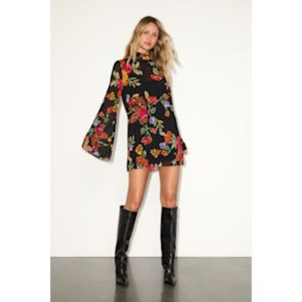 Lulu's Black Floral Bell-Sleeve Mini Dress